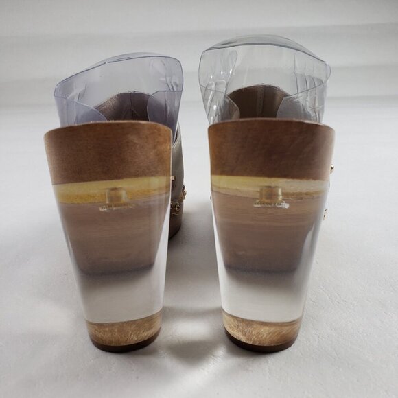 Trina Turk Palm Springs Lucite Heel Womens 9 Silver Wooden Slip On Platform Shoe - Picture 9 of 13